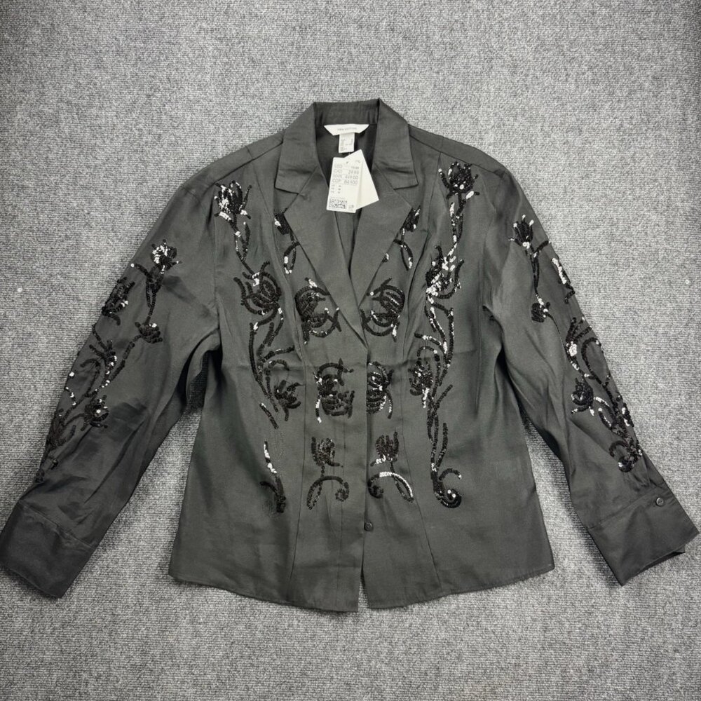 NWT H&M Edition Sequined Sheer Organza Collared V-neck Shirt Black Size M